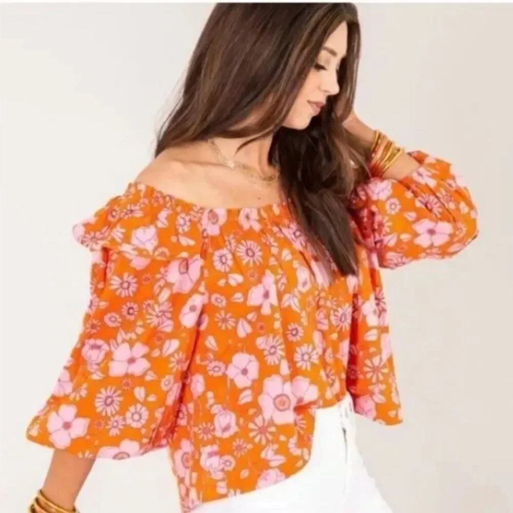 FREE PEOPLE Miss Daisy Floral Off Shoulder Top Ruffle Puff Sleeve Heat Wave Sz M